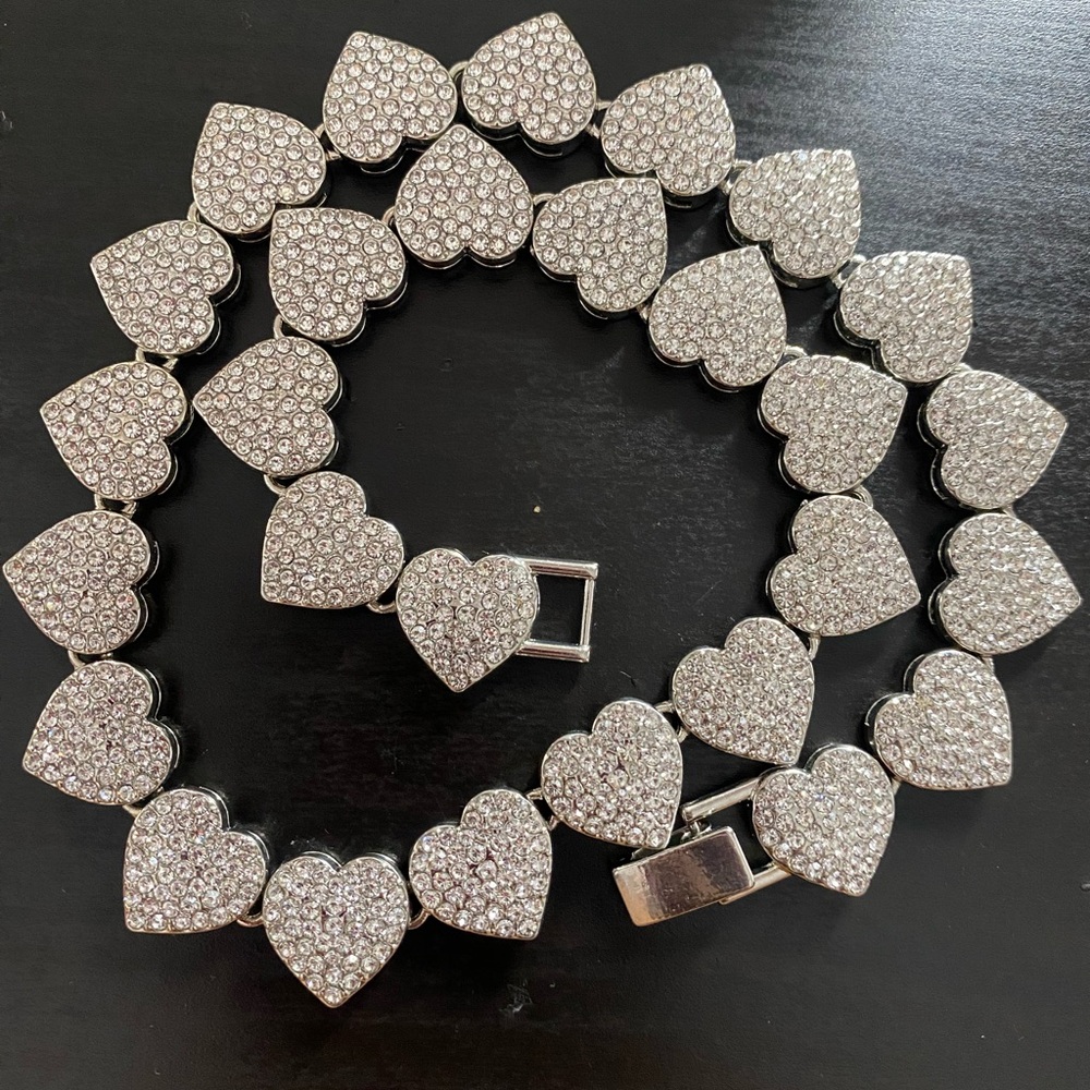 Sliver Elegant Heart Tennis/Cuban Link Necklace